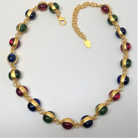Exquisite Green, Blue & Green Glass Cabochons, Satin Gold Plated Necklace Choker - Picture 4 of 5